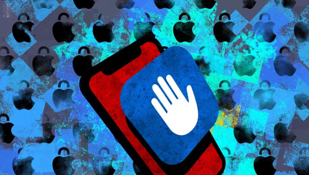 an illustration of a blue Lockdown Mode icon on a red phone on a blue background featuring Apple logos with padlocks.